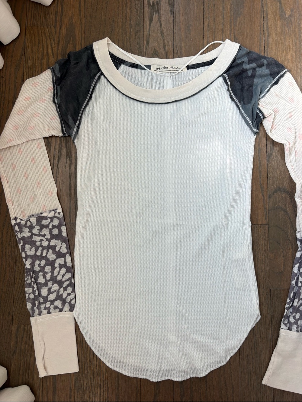 Free People White Waffle Knit Mixed-Print Long Sleeve Top